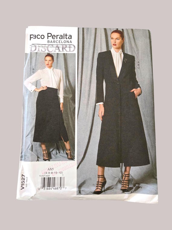 Womens Long Coat Jacket Skirt Blouse Sewing Pattern, Size 4 6 8 10 12 Paco Peralta DESIGNER Vogue V1527 1527 Uncut