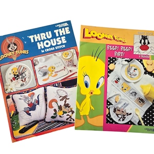 2 LOONEY TURNES Cross Stitch Pattern Books, Counted Designs for pillows, wall hangings, bibs and more, Leisure Arts 3221 3495