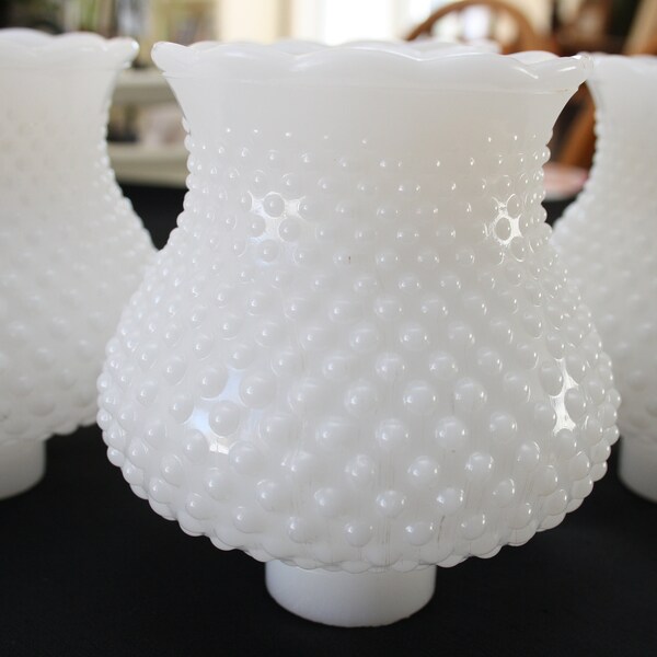 Hobnail Shades 4 Included White Glass Lamp Shades, Set of 4 milk glass shades scalloped top edge and beautiful tulip shape 5 1/4" high