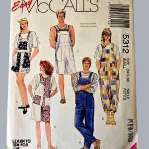 Easy OVERALLS Sewing Patterns, 3 lengths. Men Women Teen Size Small Hip 34.5-36, McCalls 5312 UNCUT, overall shorts or pants, vintage 1990s