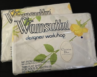 Bed Sheet Yellow Roses TWIN Flat Sheet Wamsutta CHRISTIAN DIOR Vintage floral bedding No Iron Ultracale Unused New in Package