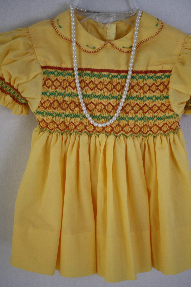 approx photos Smocked Dress Girls Vintage Handmade tea party Easter church dress Hand Smocked yellow gold dress 6 to 9 months size