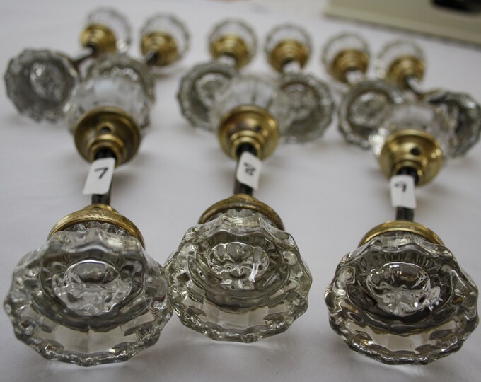 Antique Glass Door Knobs 12 Sided Fluted Crystal Glass With Brass Base