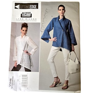 May include: A sewing pattern package featuring a woman in a blue jacket and white pants. The package includes the text "CUTTING EDGE" and "MIZUNO" and the pattern number V1246. The package also shows a woman in a white jacket.