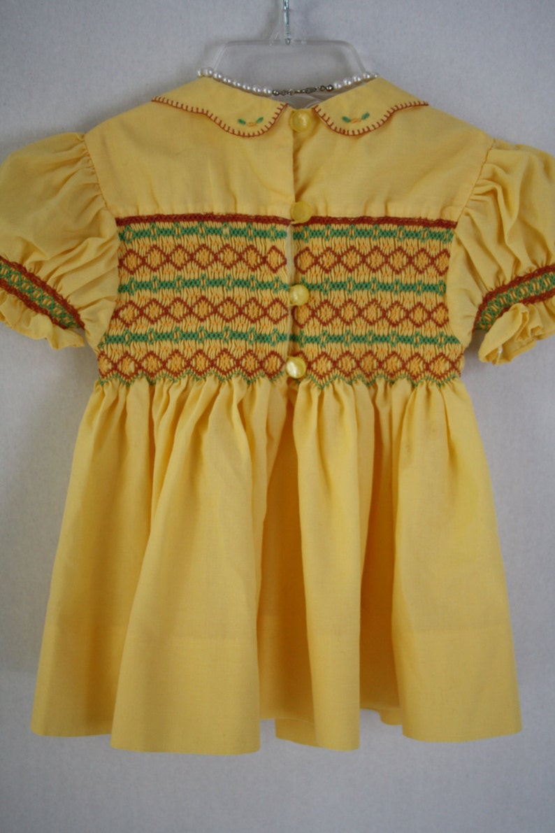 approx photos Smocked Dress Girls Vintage Handmade tea party Easter church dress Hand Smocked yellow gold dress 6 to 9 months size