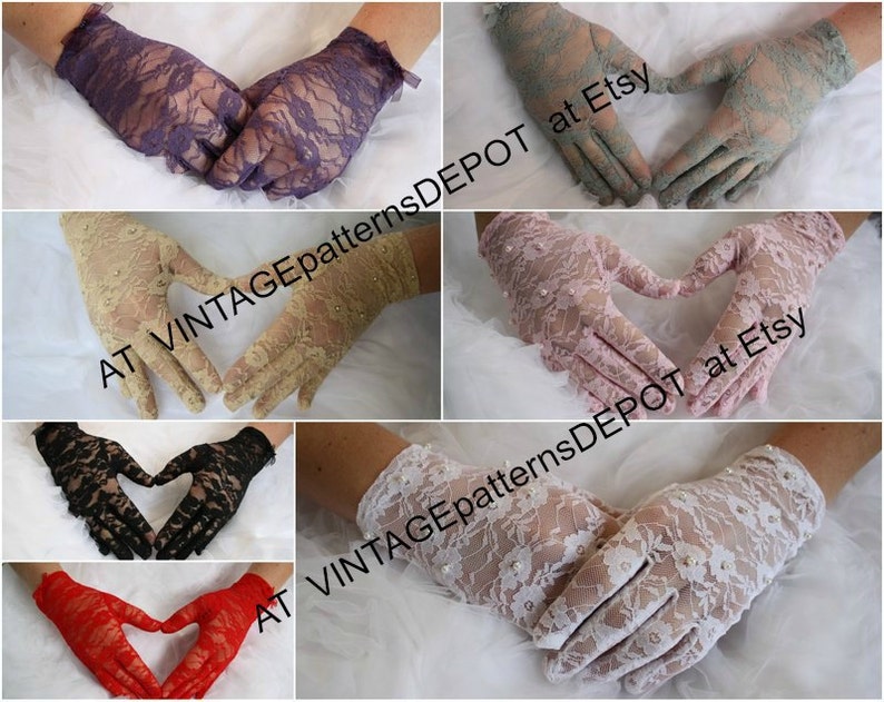 May include: A set of six pairs of lace gloves in various colours, including black, red, white, pink, beige, and green. The gloves are all made of delicate lace and feature a heart shape design. The text "AT VintagepatternsDEPOT at Etsy" is visible in the image.