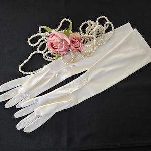 Vintage OPERA GLOVES IVORY White Nylon - Raylon Evening Gloves with 3 Pearl Buttons long quality gloves Womens size 6 1/2 - 7