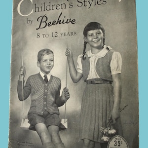May include: A vintage knitting pattern booklet for children's clothing, featuring a black and white photo of two children on a swing. The cover reads "Children's Styles by Beehive 8 to 12 Years" and "Price 35c Series No. 60".