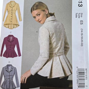 May include: McCall's M7513 sewing pattern envelope featuring illustrations and a photograph of a fitted jacket with a peplum, long sleeves, a collar, and button closures. The pattern includes size range E5 (14-16-18-20-22) and displays variations B, C, and D in yellow, purple, and grey.