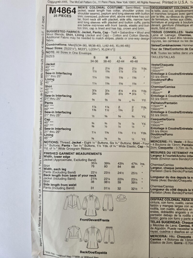 Mens COLONIAL COSTUME Pattern Jacket Shirt Pants Cap Mens Size S M L Xl