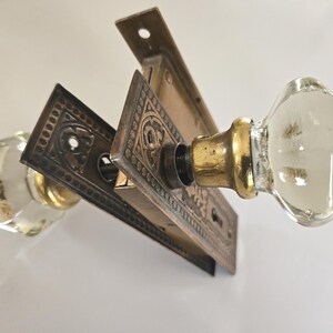 1889 Antique Glass Door Knob Handles with Brass Base, spindle, copper mortise (mortice) lock body, 2 metal  escutcheon door plates