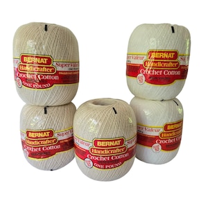 CROCHET COTTON Thread Size 10 Includes all 5 BERNAT Handicrafter 14 and 16 ounce size balls of mercerized cotton thread Ecru and White Color