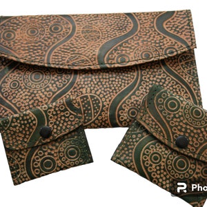 LEATHER Wallet Set of 3 pieces, Vintage handmade tooled leather /snap closure and coin section zipper & two matching small wallets Womens