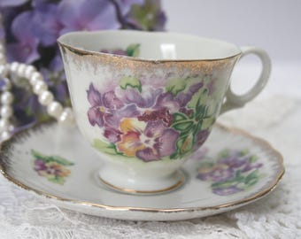 SHAFFORD TEA CUP Pansies  Flower Teacup and Saucer Set Vintage Made in Japan teacup white with gold edging and floral image