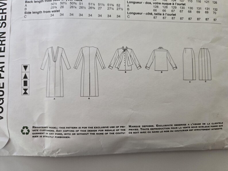 May include: A white paper sewing pattern with illustrations of various garment designs, including a long coat, a blouse with a bow, a button-down shirt, and a skirt. Measurements are listed in inches. The Vogue Pattern Service logo is visible.
