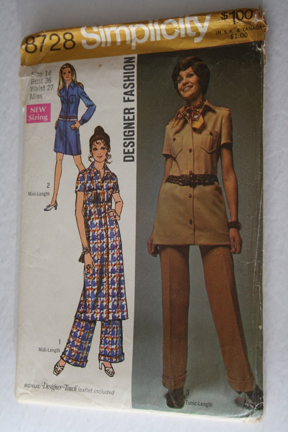 1970s Vintage Women's Pant Suit Dress Tunic Pattern Size 14 Designer  Fashions Boho Hippie Retro UNCUT 8728 Simplicity 