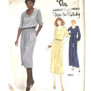 May include: Vintage sewing pattern featuring a woman in a gray dress with a keyhole neckline. The pattern is by Diane Von Furstenberg and includes illustrations of other dress designs. The pattern number is 2065.