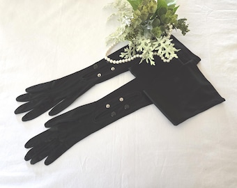 Womens Vintage BLACK Opera Gloves, Long Gloves with Snap Button Closure, size 7, made by Kayser USA