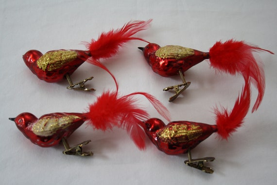 Vintage Christmas Tree Ornaments BIRDS Mercury Glass BIRD With FEATHERS  With Clip on Red Gold Glass Baubles All 4 Included -  Canada
