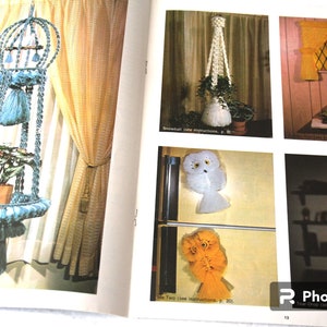 May include: A page from a vintage craft book featuring various macrame projects. The main image showcases a blue macrame plant hanger with a potted plant. Other images include a white macrame plant hanger, owl decorations, and a yellow macrame window treatment.