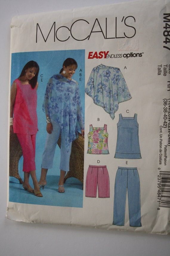 Women's EASY Capri Pants Poncho Tunic Top Shorts Pattern Size 18w 20w 22w  24w /36 38 40 42 Summer Wear Mccalls M4847 UNCUT 