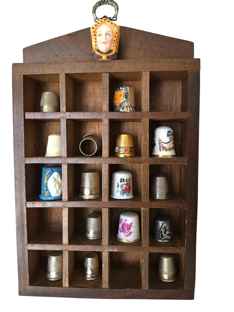 THIMBLE Collection With Wooden Display Box For Wall Hanging INCLUDES 17 thimble-collection-with-wooden-display-box-for-wall-hanging-includes-17