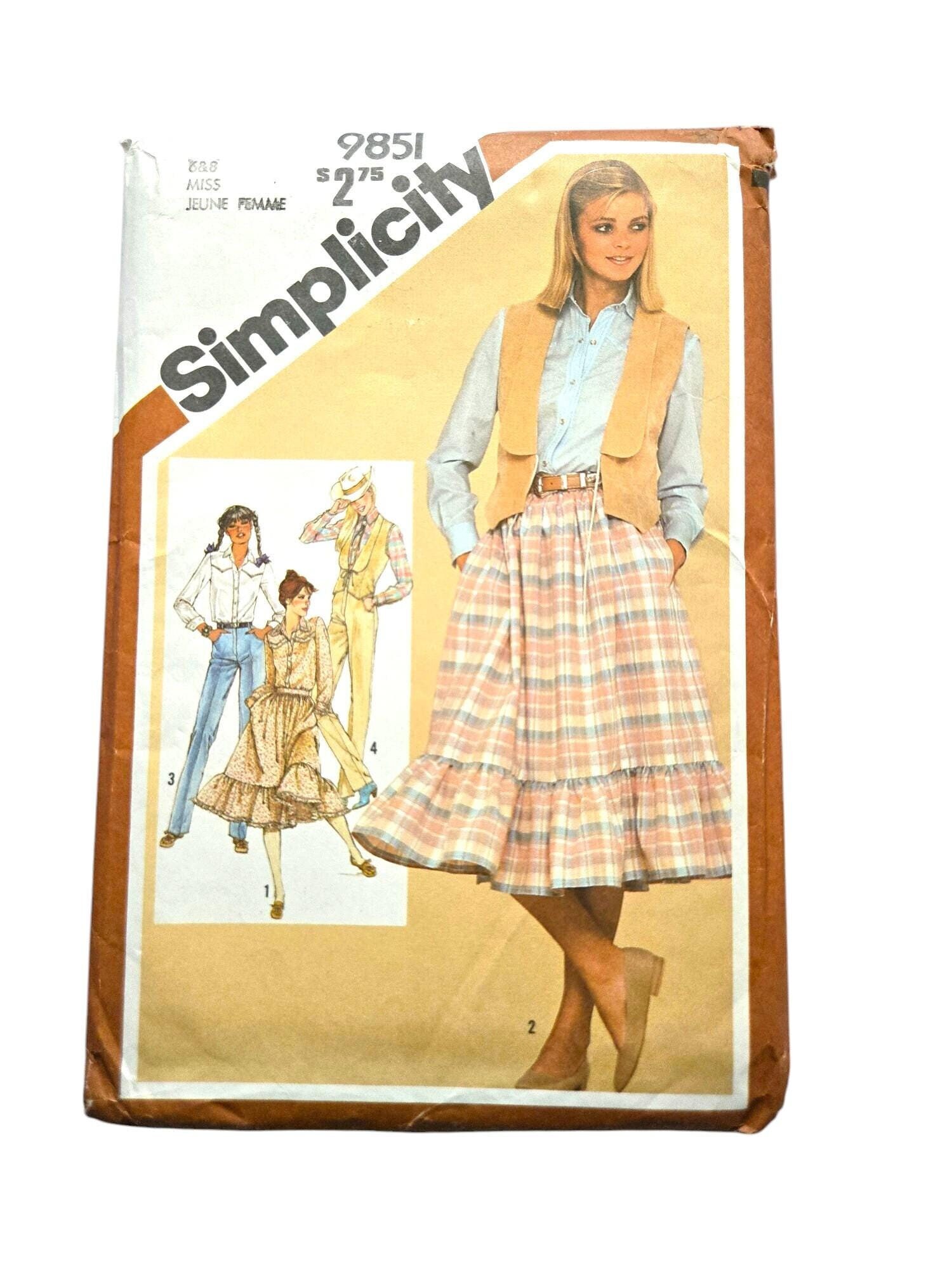Cowgirl Western Skirt Shirt Lined Vest Straight Leg Pants Misses Size 6 8 Prairie Girl Patterns UNCUT Simplicity 9851 sewing pattern