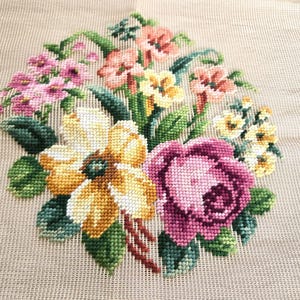 Needlepoint Canvas NEW Vintage Flowers tapestry hand stitched wool finish by filling in canvas to make pillow, stool cover, chair seat cover