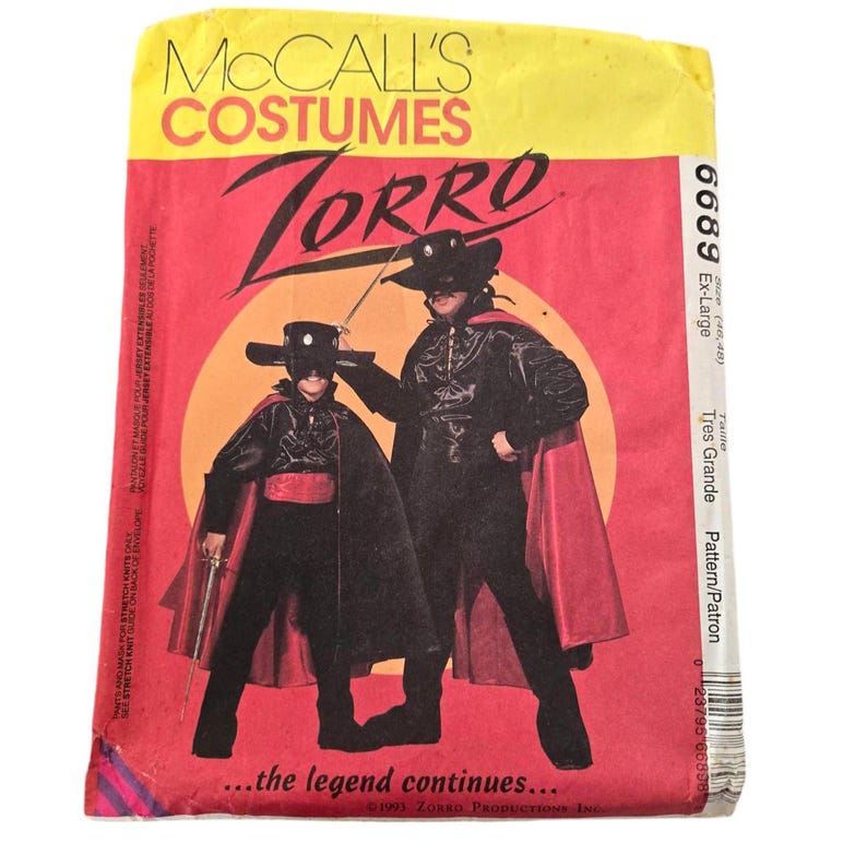 MENS Zorro Hero COSTUME Sewing Pattern Size X Large Chest 46 48, Uncut ...