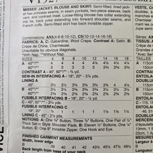 May include: Sewing pattern for a misses' jacket, blouse, and skirt. The pattern includes measurements, fabric requirements, and notions. The pattern is labeled V1527 and includes sizes 4-18.