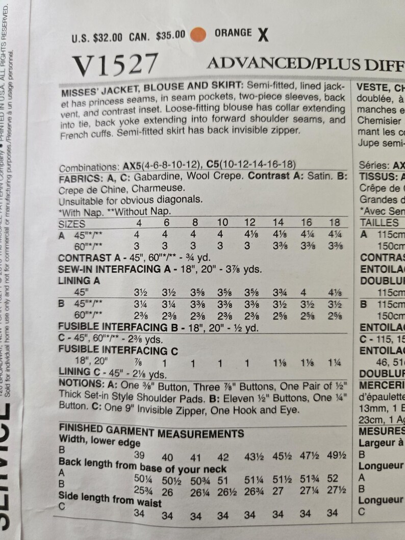 May include: Sewing pattern for a misses' jacket, blouse, and skirt. The pattern includes measurements, fabric requirements, and notions. The pattern is labeled V1527 and includes sizes 4-18.