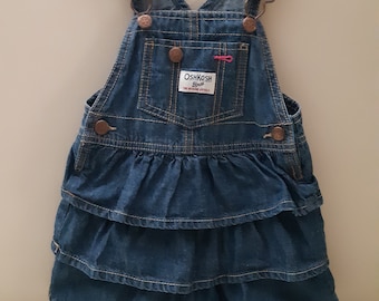 Vintage Baby OshKosh Denim Jumper Dress, 24 Months Toddler, Ruffled Skirt