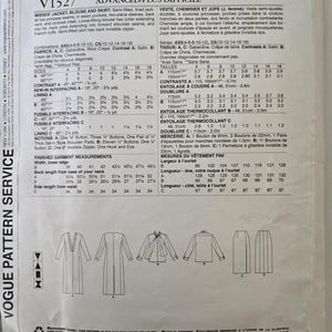 May include: A Vogue pattern envelope, featuring illustrations of a jacket, blouse, and skirt. The envelope includes size and fabric information, along with diagrams of the garment designs.
