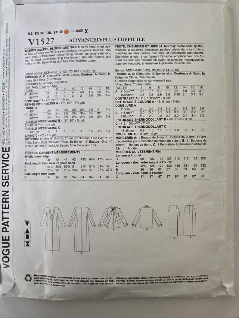 May include: A Vogue pattern envelope, featuring illustrations of a jacket, blouse, and skirt. The envelope includes size and fabric information, along with diagrams of the garment designs.