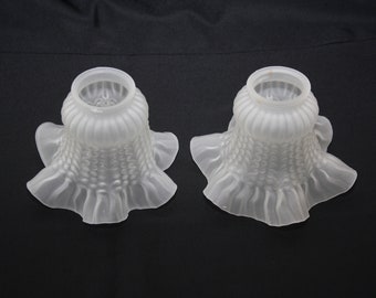 Set 2 Glass Lamp Shades tulip shape frosted glass shade with wide ruffle trim scalloped fluted trim chandelier replacement