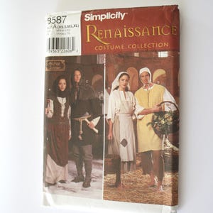 May include: A Simplicity Renaissance Costume Collection sewing pattern envelope, number 8587, featuring illustrations of four individuals in historical-style garments, including tunics, vests, aprons, and head coverings, with size range XS to XL listed.