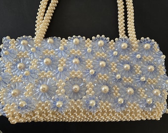 UNIQUE ARTISAN Handbag, Vintage Beaded Purse Like NEW Condition, Faux Pearl & Blue Shaped Beads, Accessories for prom, evening, wedding