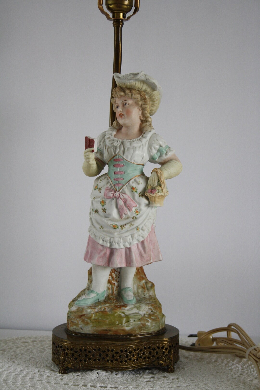 LARGE ANTIQUE Figurine Lamp 28 High Girl Bisque Etsy