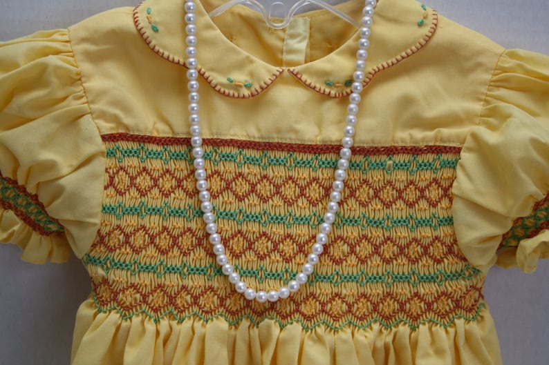 approx photos Smocked Dress Girls Vintage Handmade tea party Easter church dress Hand Smocked yellow gold dress 6 to 9 months size