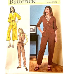 Weites Bein JUMPSUIT Schärpe Gürtel Muster Damen Größe 6 8 10 12 14 Option mit geradem Bein und ärmellose Option UNCUT Butterick B6881 6881