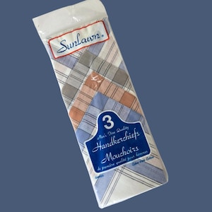 Set of 3 UNUSED Handkerchiefs for Men QUALITY 100% Cotton hankies hanky by Sunlawn, masculine plaid Unused blues greys browns NEW in Package
