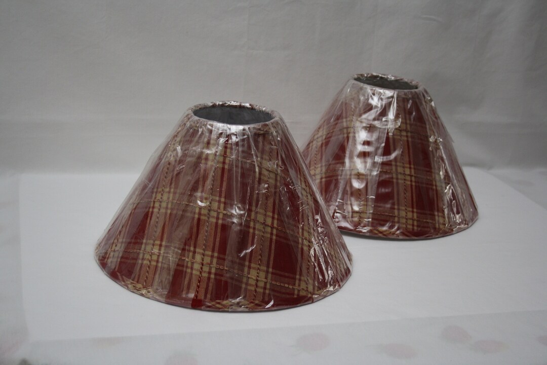 LAMPSHADES New VINTAGE Country Primitive Table Lamp Shades Green Burgundy and Beige Plaid FABRIC
