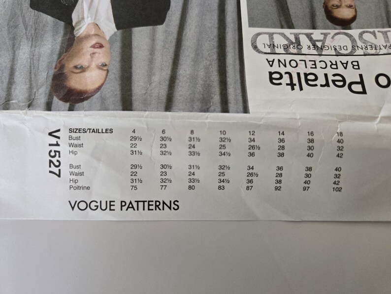 May include: A white paper pattern from Vogue Patterns, featuring size measurements for bust, waist, and hip. The pattern includes sizes 4 through 18, with measurements in inches. The pattern's style number is V1527.