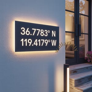 Custom Coordinates LED Sign | Personalized Outdoor Backlit House Sign | Modern Latitude Longitude Wall Decor for Home Entrance
