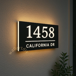 Numero civico retroilluminato a LED in acrilico e metallo personalizzato - Targa moderna con indirizzo di casa illuminato - Resistente alle intemperie