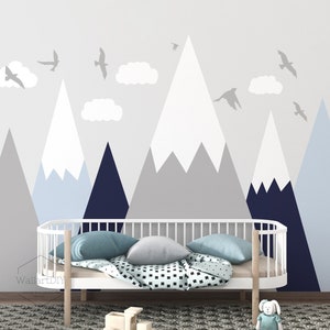 Mountains wall decal Boy's room wall sticker Nursery mountains wall art Peel and stick mountain wall mural Clouds and birds wall decal