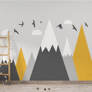 Mountains wall decal Boy's room wall sticker Nursery mountains wall art Peel and stick mountain wall mural Yellow and gray wall decor-173