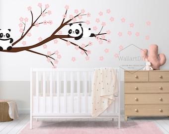 Panda wall decals Cherry branch wall sticker Nursery tree branch wall decal Panda wall decals Girls room wall art-131