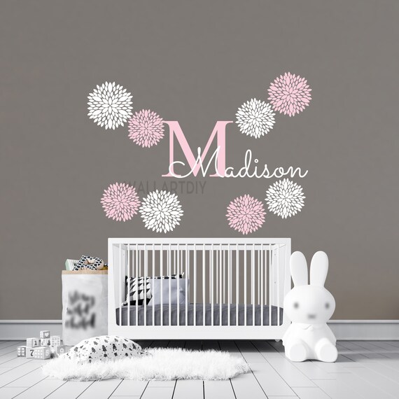 Girls Personalized Name Unicorn Wall Sticker Custom Name Stencil Monogram Girls Nursery Wall Decor Custom Name Wall Decal Flower Dahlia Custom Name Sign