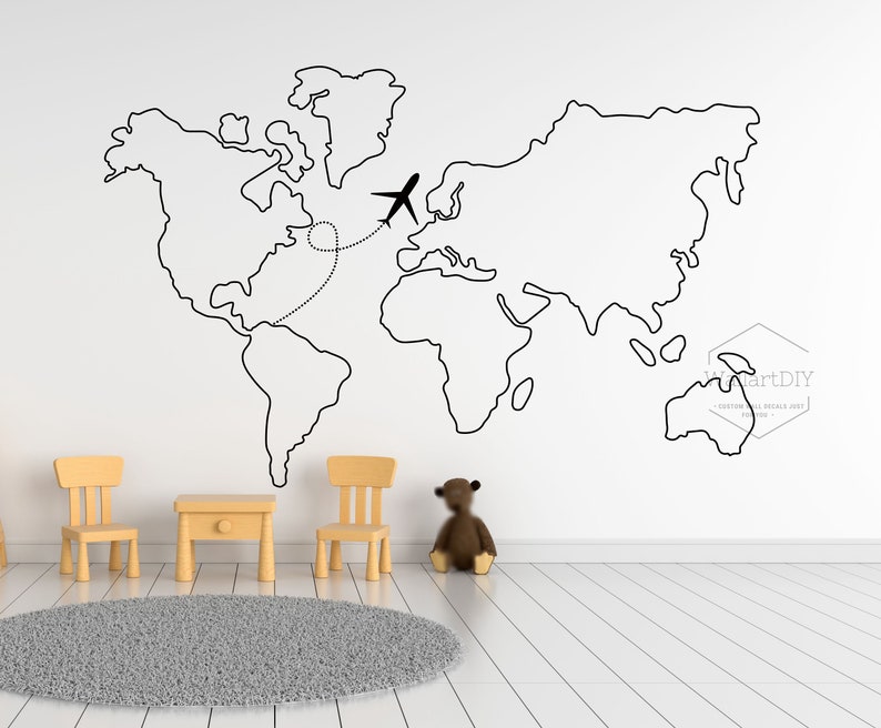 Large World Map Wall Decals World Map Wall Sticker Outline Etsy